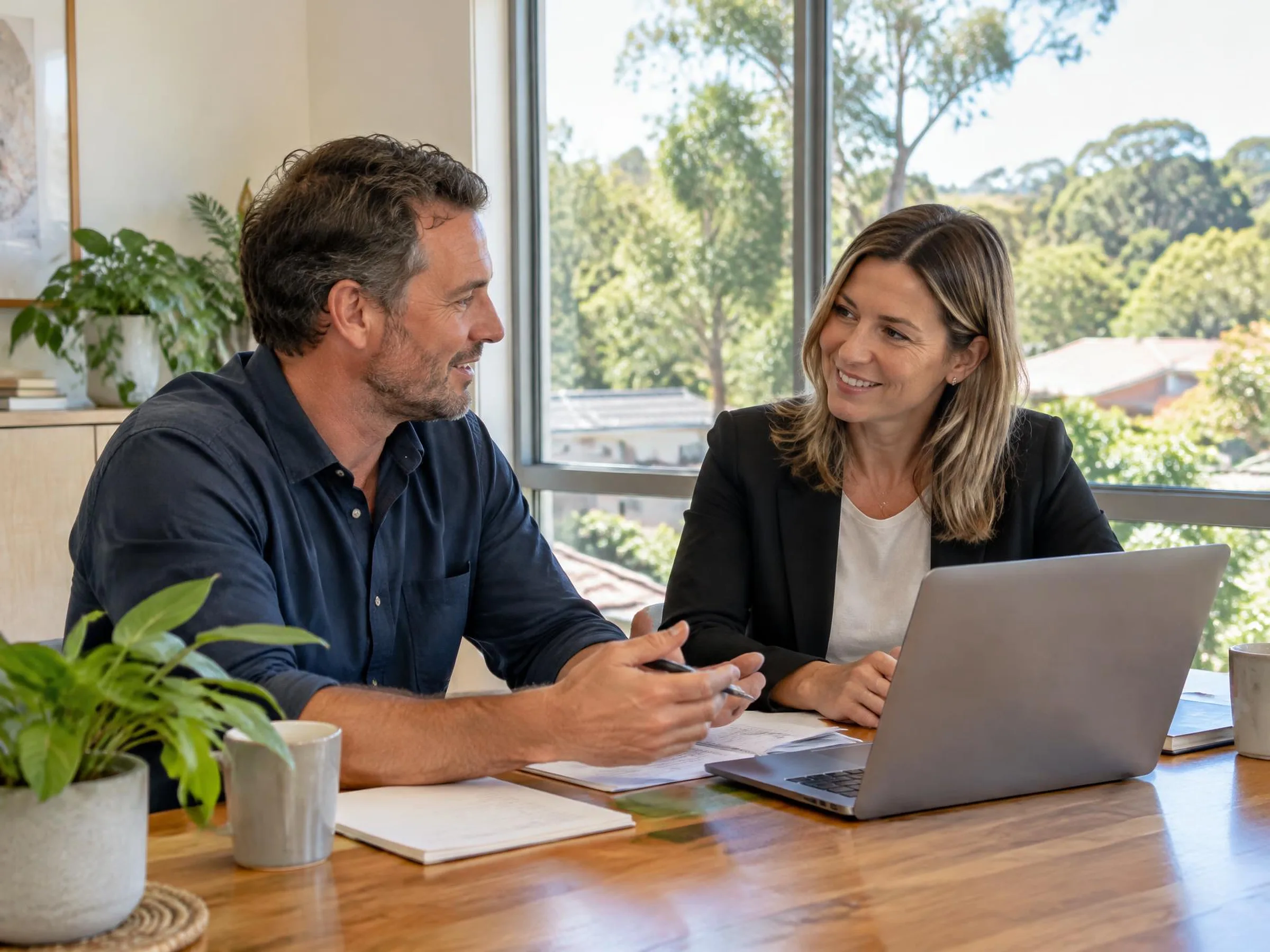 A business owner and an adviser review documents together in a bright office