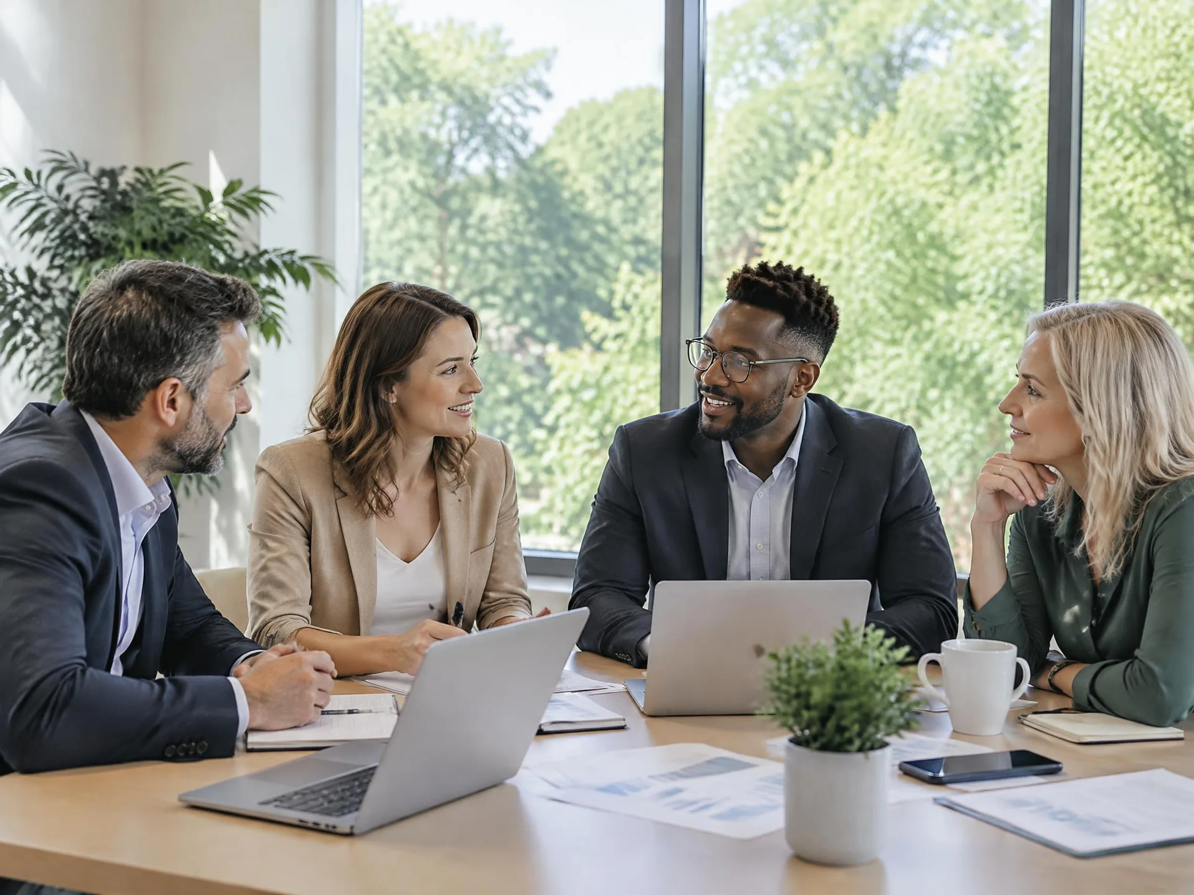 Advisers collaborating around a meeting-room table